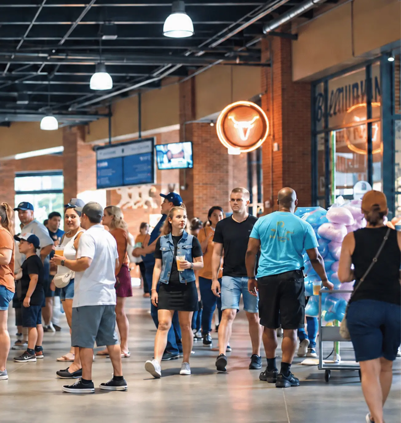 Crowded stadium concourse with concession stands